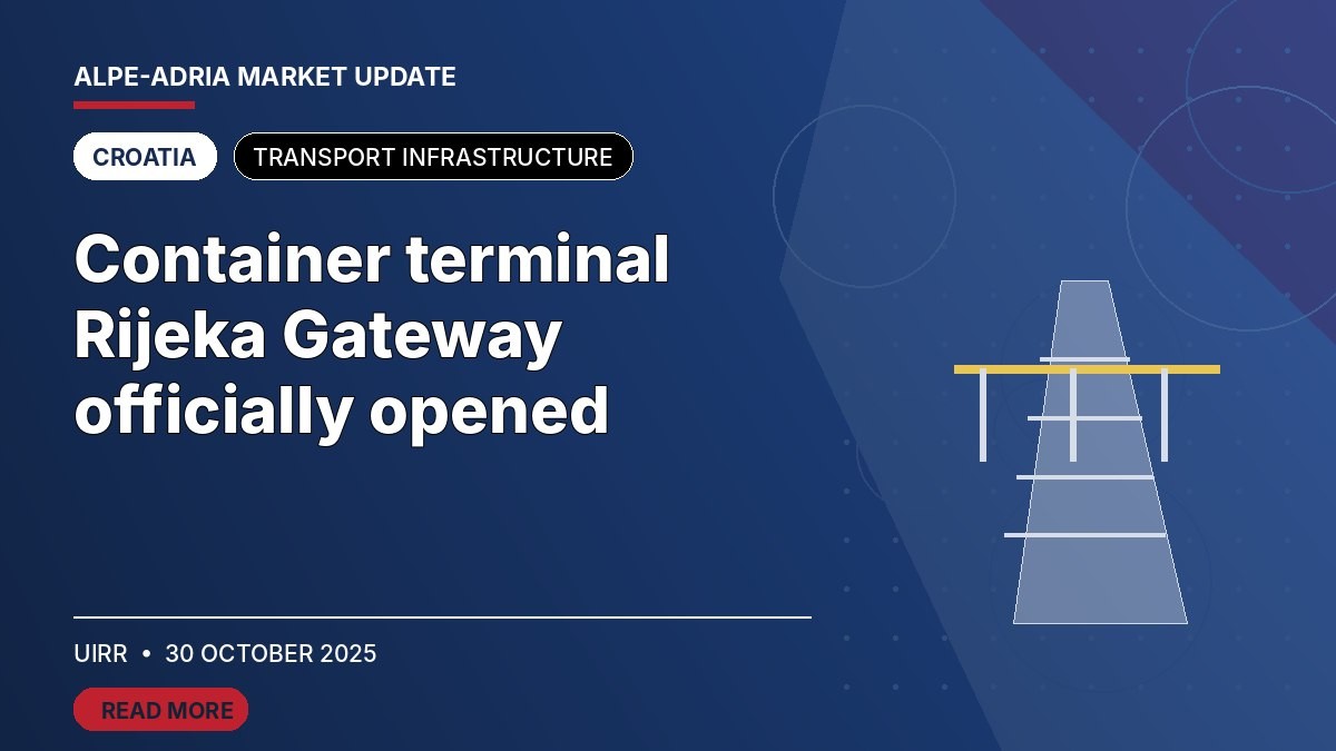 Editorial cover for “Container terminal Rijeka Gateway officially opened”, featuring stylised road, rail and bridge infrastructure for Croatia.