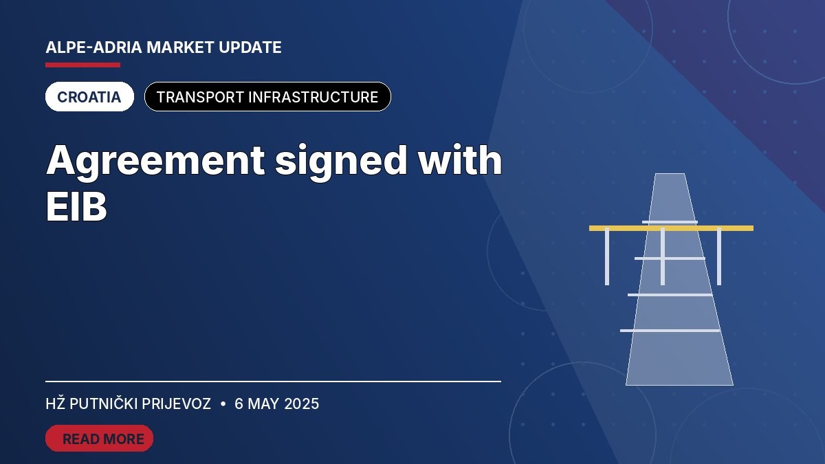 Editorial cover for “Agreement signed with EIB”, featuring stylised road, rail and bridge infrastructure for Croatia.