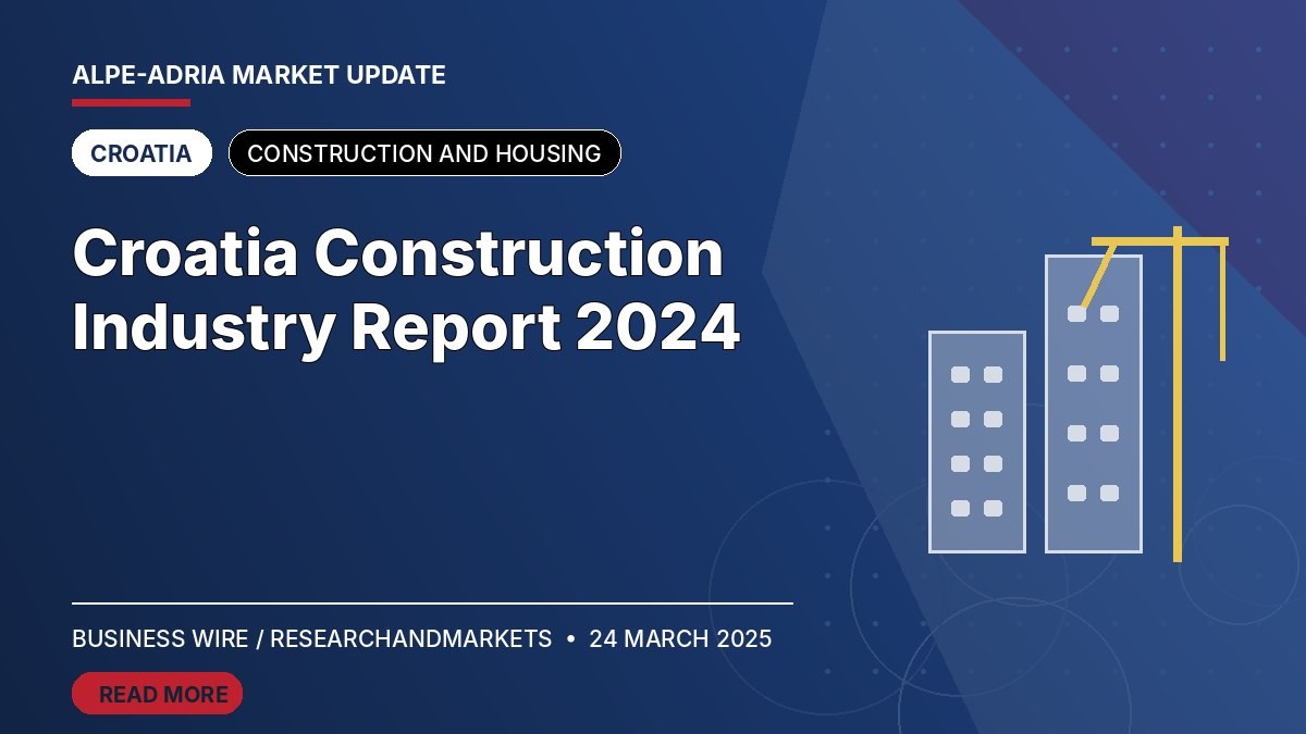 Editorial cover for “Croatia Construction Industry Report 2024”, featuring stylised buildings and construction equipment for Croatia.